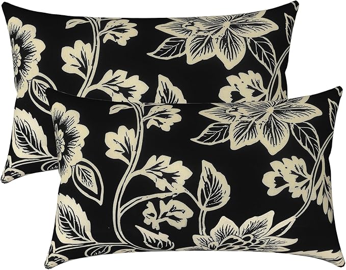 LVTXIII Outdoor/Indoor Lumbar Pillow Covers, Patio Decorative Lumbar Pillow Covers, All Weather Cushion Cases for Sofa, Patio Couch Decoration 12x20, 2 Pack, Elegant Vines Black