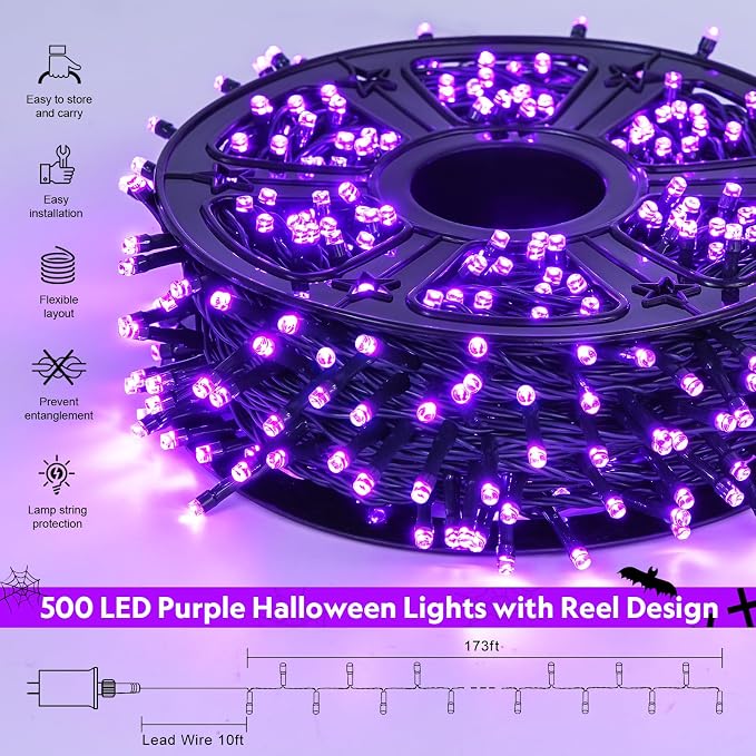 JMEXSUSS 500 LED Purple Halloween Lights, 173ft String Lights Plug in | 8 Modes, Remote Control, Timer, Waterproof Purple Christmas Lights for Indoor Outdoor Party Tree Xmas Halloween Decorations