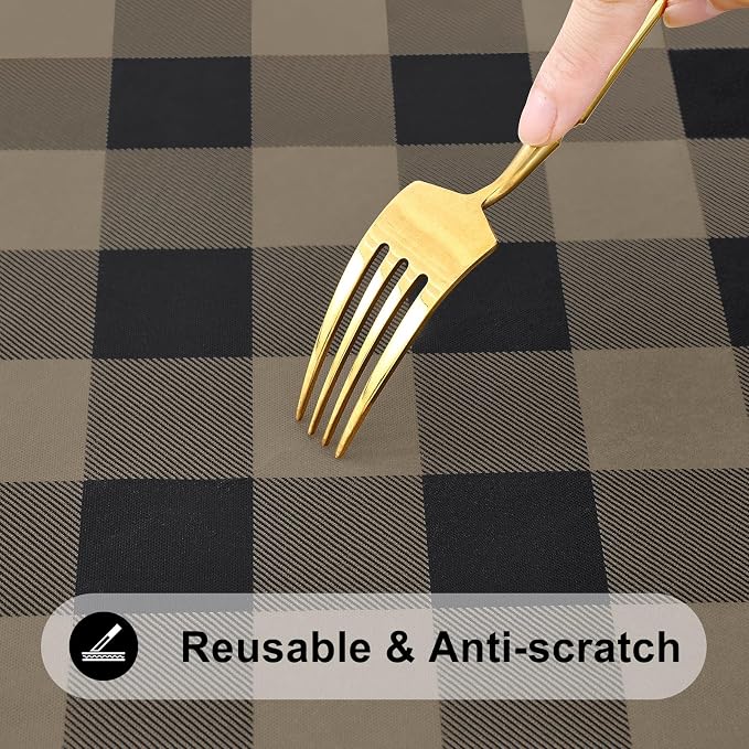 Smiry Rectangle Picnic Table Cloth, Elastic Waterproof Fitted Vinyl Tablecloths, Flannel Backed Buffalo Plaid Table Covers for Dining, Camping, Outdoor (Black and Khaki, 30" x 96")