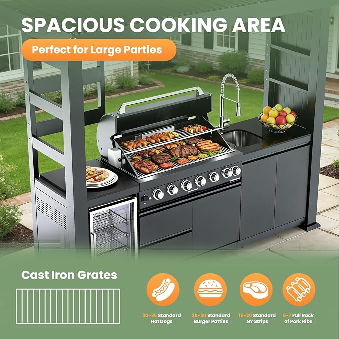 108" Outdoor Kitchen Island Crafted from Stainless Steel,6-Burner 85,000 BTU Natural Gas Grill with Rotisserie Oven,Galvanized Steel Roof,Granite Countertops,Refrigerator,Storage,Sink.(Natural Gas)