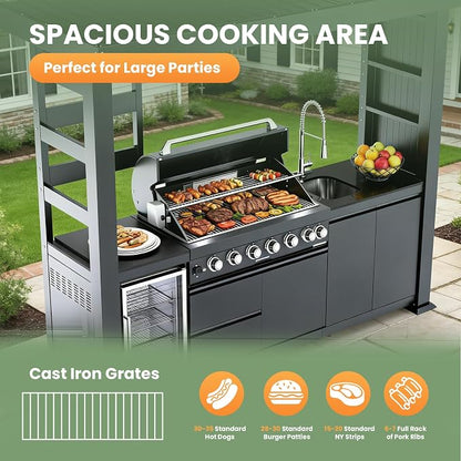 108" Outdoor Kitchen Island Crafted from Stainless Steel,6-Burner 85,000 BTU Natural Gas Grill with Rotisserie Oven,Galvanized Steel Roof,Granite Countertops,Refrigerator,Storage,Sink.(Natural Gas)