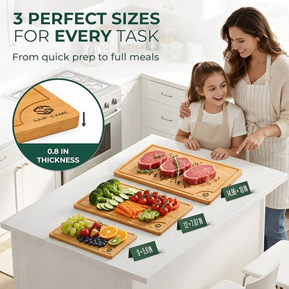Bamboo Cutting Board Set of 3 – Non-Toxic, Eco-Friendly Bread & Meat Kitchen cutting Boards with Deep Juice Groove & Non-Slip Feet (9x5.9, 12x7.87, 14.96x10)