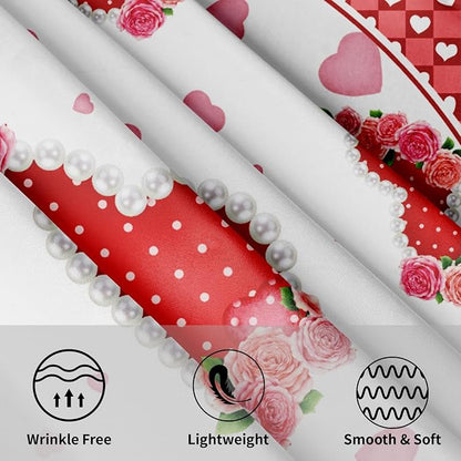 Sweetshow Valentines Day Table Cloth Round Red Hearts Pink Rose Flower Tablecloth 70 Inch with Check Plaid Decor Washable Stain and Wrinkle Love Romantic Round Table Cover for Dining Picnic