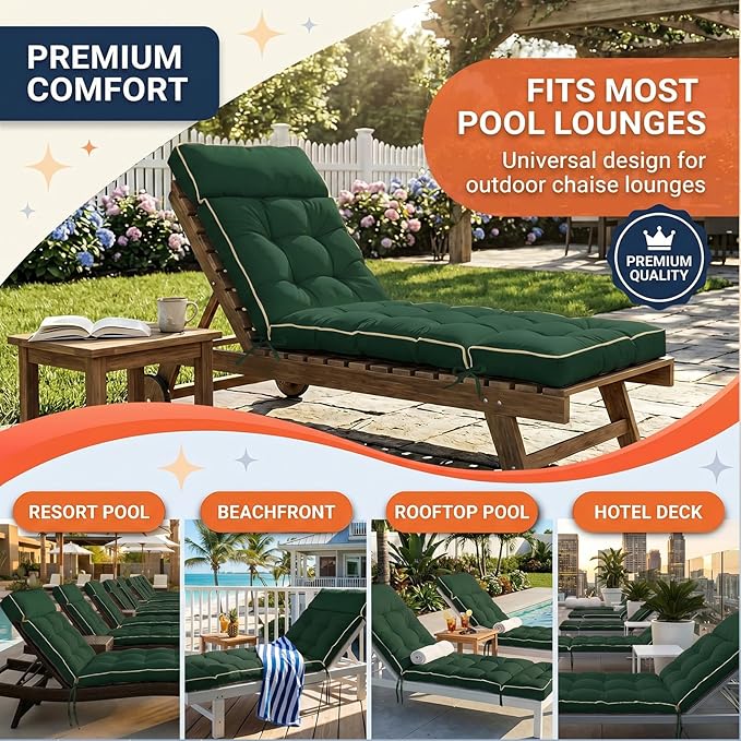 MAGIC ELEPHANT Chaise Lounge Cushion Outdoor, Memory Foam Patio Lounge Chair Cushion with Ties for Outdoor Furniture, 74 x 22 x 4 Inch (Green)