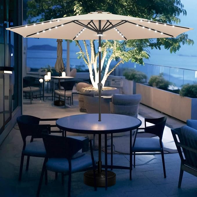 FLAME&SHADE Solar Patio Umbrella with a Centre Light, 9 FT Beige | 40 LED Lights, UV Protection, Waterproof, Porch Deck Outdoor Umbrella for Pool, Backyard, Garden, Provides Evening Lighting