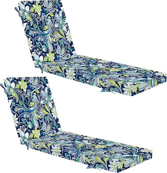 Fabuday Chaise Lounge Chair Cushions for Outdoor Furniture - 72 x 21 x 3 Inch Waterproof Patio Pool Sunbrella Lounger Pads Replacement with Removable Cover, Green Floral, Set of 2