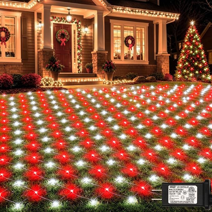 Lovelite Red White Net Lights Christmas Decorations, 21ft x 5ft 360LED Mesh Lights Outdoor Green Wire 8 Modes Timer, Waterproof Connectable String Lights for Bushes Xmas Tree Garden Holiday Party