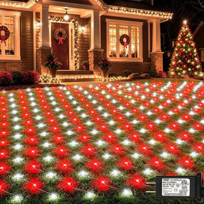 Lovelite Red White Net Lights Christmas Decorations, 21ft x 5ft 360LED Mesh Lights Outdoor Green Wire 8 Modes Timer, Waterproof Connectable String Lights for Bushes Xmas Tree Garden Holiday Party