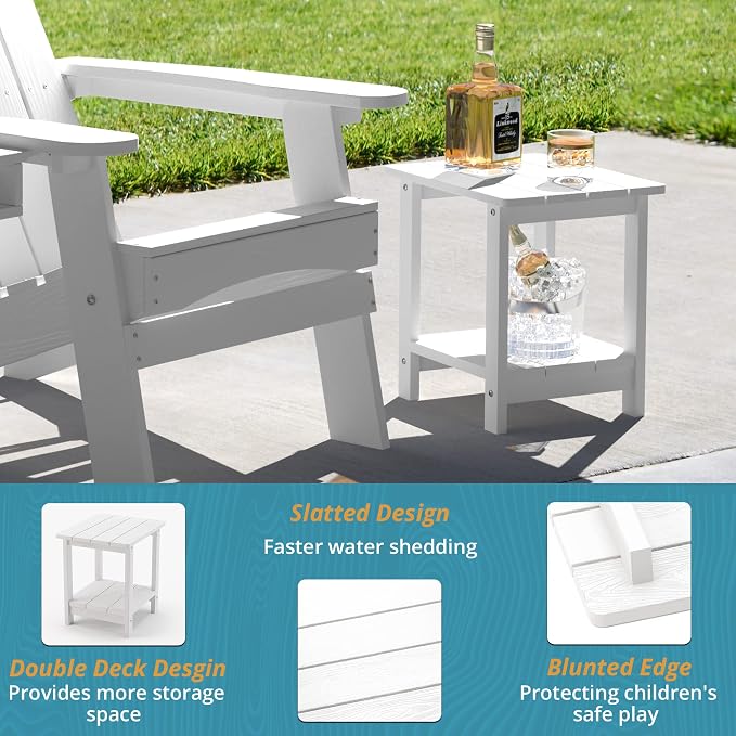 LUE BONA Outdoor Side Table, 2-Tier HDPS Small Patio Table, White | 2-Tier Shelf for Extra Storage, Small End Table for Pool, Porch, Balcony, Weather Resistant HDPS, Easy Clean