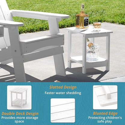 LUE BONA Outdoor Side Table, 2-Tier HDPS Small Patio Table, White | 2-Tier Shelf for Extra Storage, Small End Table for Pool, Porch, Balcony, Weather Resistant HDPS, Easy Clean