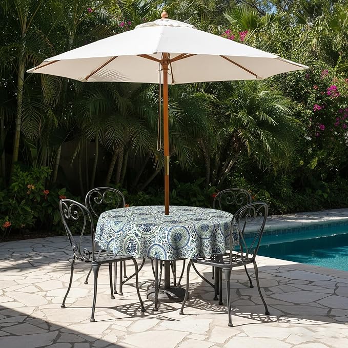 LVTXIII Round Outdoor Tablecloth with Umbrella Hole and Zipper, Water-Repellent 60 Inch Patio Table Cover for Bistro, Garden, Patio & Picnic, Coastal Medallion