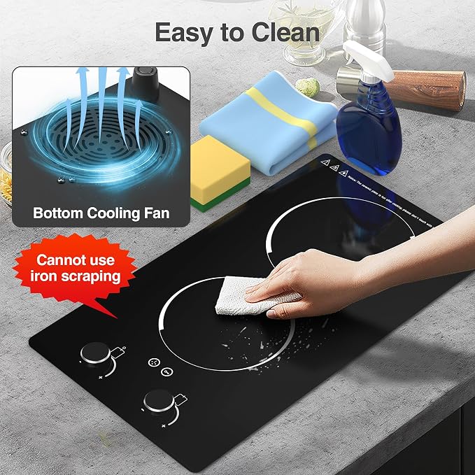 GIHETKUT Electric Cooktop,110V 2100W Electric Stove Top with Knob Control, 10 Power Levels, Kids Lock & Timer, Hot Surface Indicator, Overheat Protection,Built-in Radiant Double induction cooktop