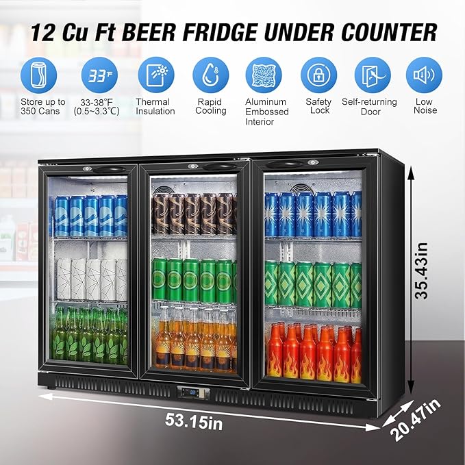 Beverage Refrigerator, 53.15W Inch 12 Cu.Ft Drink Fridge, Back Bar Beer Fridge with 3 Glass Door, 35.43" Height Beverage Cooler, Built-in & Undercounter Commercial Back Bar Cooler for Kitchen Shop Bar