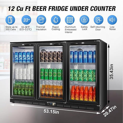 Beverage Refrigerator, 53.15W Inch 12 Cu.Ft Drink Fridge, Back Bar Beer Fridge with 3 Glass Door, 35.43" Height Beverage Cooler, Built-in & Undercounter Commercial Back Bar Cooler for Kitchen Shop Bar