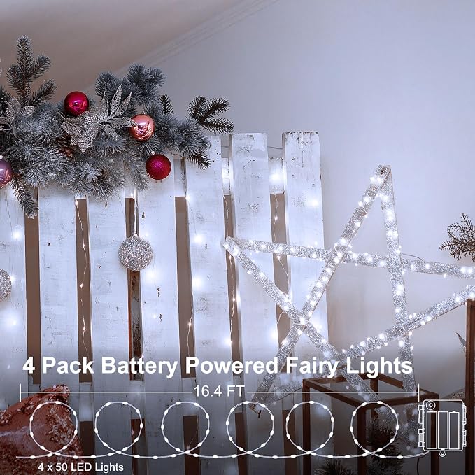 4 Pack Battery Fairy Lights 16.4 Ft 50 LED Christmas Timer Fairy Light | Waterproof Silver Wire Battery Twinkle Lights with Auto Timer 8 Modes for Xmas Wreath Decor, Cool White