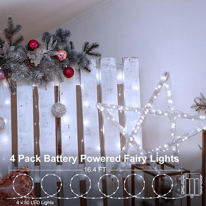 4 Pack Battery Fairy Lights 16.4 Ft 50 LED Christmas Timer Fairy Light | Waterproof Silver Wire Battery Twinkle Lights with Auto Timer 8 Modes for Xmas Wreath Decor, Cool White
