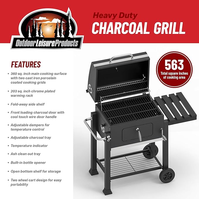 OLP8500CG Charcoal Outdoor Grill, 563 Square Inch Cooking Surface, With Thermometer and Warming Rack, Black with Chrome
