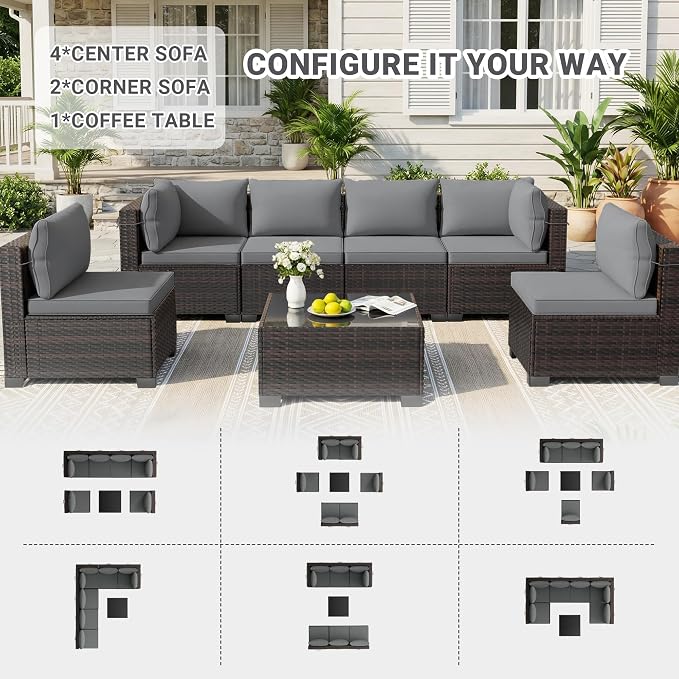 LAFWELL LEVELEVE 7 Pieces Outdoor Patio Furniture Sets,Rattan Conversation Sectional Set,Manual Weaving Wicker Patio Sofa with Tea Table