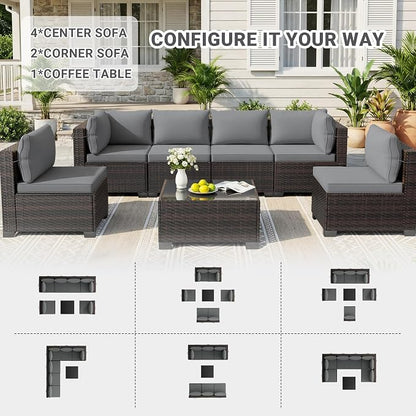 LAFWELL LEVELEVE 7 Pieces Outdoor Patio Furniture Sets,Rattan Conversation Sectional Set,Manual Weaving Wicker Patio Sofa with Tea Table