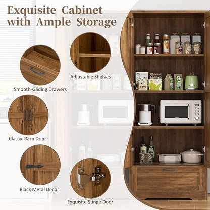Shintenchi Kitchen Pantry Cabinet, Freestanding Farmhouse Storage Cabinet with 4 Shelves and 1 Drawer, Tall Cupboard for Kitchen, Living Room, Dining Room and Bathroom, Rustic Brown