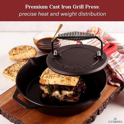 Cuisinel Grill Press - Cast Iron Burger Press for Bacon, Steak and Smashed Hamburgers - 7.5" Round Pre-Seasoned 4-lb. Weight Sandwich/Panini Maker - Griddle, BBQ, Grill Accessory