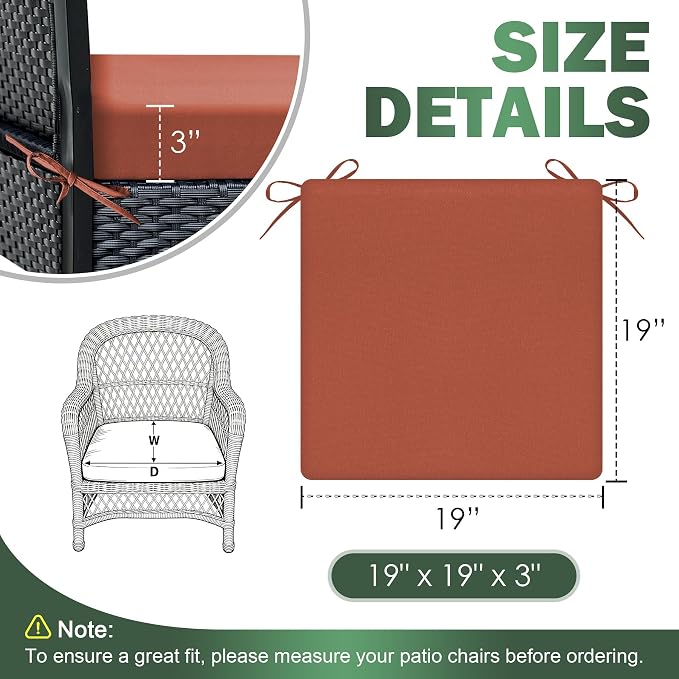 Outdoor Chair Cushions Set of 2, 19x19x3 Inch Waterproof & Fade Resistant Patio Furniture Seat Cushions with Ties, Square Outdoor Dining Chair Cushions for Lawn, Garden, Deck & Yard, Spice