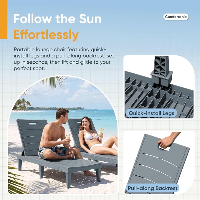 Greesum 2-Pack Adjustable Chaise Lounges, Grey | 5-Pos Recline, Waterproof PP, UV-Resist, Easy-Clean, for Pool/Patio/Beach, Tool-Free