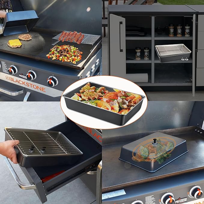 15.5" x 11" Rectangular Melting Dome/Basting Cover/Grill Prep Tray with Nonstick Coating Set of 2, Griddle Warming Rack, Flat Top Grill Accessories Kit for Indoor & Outdoor Cooking, Dishwasher Safe