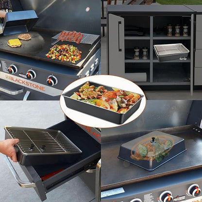 15.5" x 11" Rectangular Melting Dome/Basting Cover/Grill Prep Tray with Nonstick Coating Set of 2, Griddle Warming Rack, Flat Top Grill Accessories Kit for Indoor & Outdoor Cooking, Dishwasher Safe