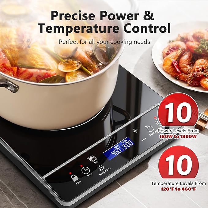 Portable Induction Cooktop Burner, 1800W Induction Hot Plate with LCD Touch, 20 Cooking Modes & 3-Hour Timer, Child Safety Lock & Auto Shutoff, ETL Certified Electric Stove for Home, Dorm, RV