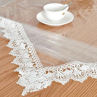 JIUZHEN Clear Vinyl Table Cover Protector, Transparent Rectangle Vinyl Table Cloth, Plastic Dining Tablecloth with White Lace Edge, Waterproof/Oil-Proof/Stain-Resistant, 60"x102"