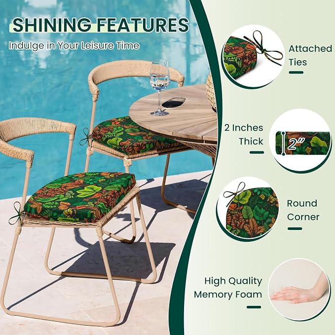 HARBOREST Outdoor Chair Cushions Set of 4, Water Resistant Patio Chair Cushions with Ties, Outdoor Seat Cushions for Patio Furniture, 17"x16"x2", Colored Leaf