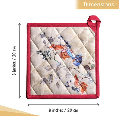 Maison d' Hermine Pot Holders 100% Cotton Potholders (8" x 8", Pack of 2) | Heat Resistant Hot Pads with Loop BBQ Cooking Baking Kitchen Handling Hot Pans Thanksgiving Christmas - Equinoxe - Beige