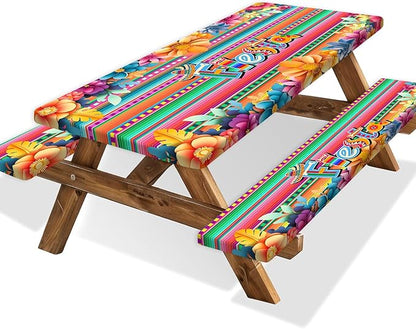 Mexican Fiesta Picnic Table Cover with Bench Covers, Cinco de Mayo Fiesta Waterproof Windproof, Camping Essentials, Fitted Tablecloth Cover with Elastic Edge, for Garden & Outdoor, 3 PCS, 30x96 Inch