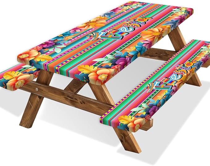Mexican Fiesta Picnic Table Cover with Bench Covers, Cinco de Mayo Fiesta Waterproof Windproof, Camping Essentials, Fitted Tablecloth Cover with Elastic Edge, for Garden & Outdoor, 3 PCS, 30x60 Inch