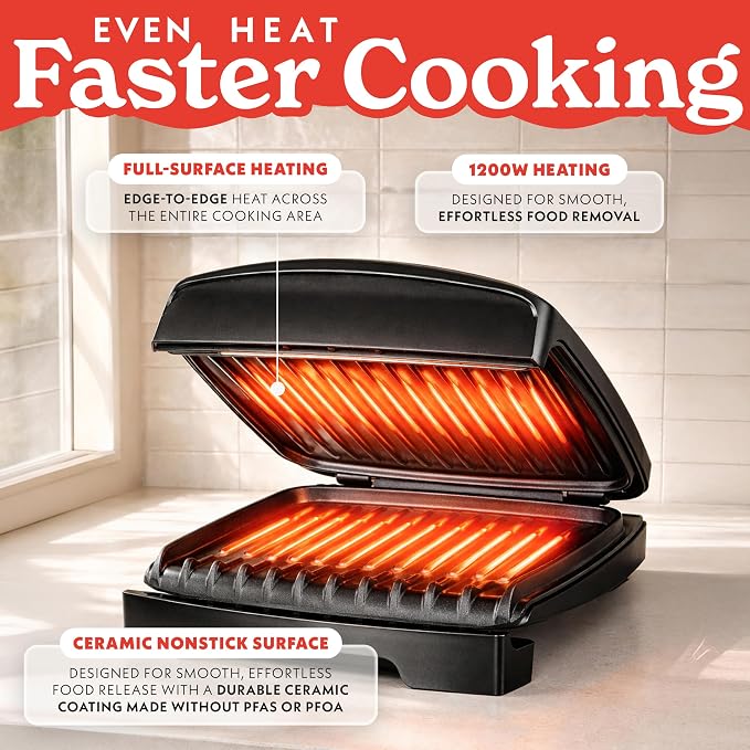 Gourmia Indoor Grill & Panini Maker – 4 Serving Contact or Open Grill, Nonstick Ceramic, Preheat Indicator Light, Slope Design with Removable Dishwasher Safe Drip Tray