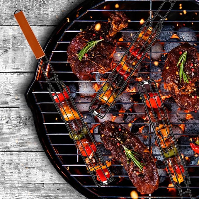 DEAYOU Set of 12 Kabob Grilling Baskets and Skewers, Stainless Steel BBQ Grill Basket Kebab Skewer, Nonstick Portable Barbecue Grate with Handle for Fish, Veggies, Steak (6 Baskets and 6 Skewers)