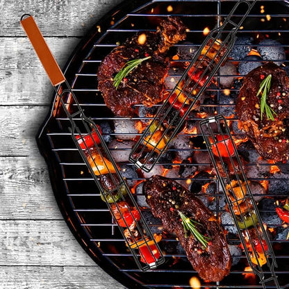 DEAYOU Set of 12 Kabob Grilling Baskets and Skewers, Stainless Steel BBQ Grill Basket Kebab Skewer, Nonstick Portable Barbecue Grate with Handle for Fish, Veggies, Steak (6 Baskets and 6 Skewers)