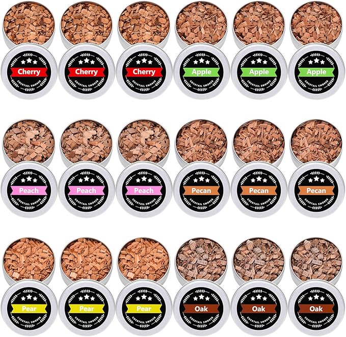 18Pcs Wood Chips for Smoker, Natural Cocktail Smoker Chips Kit-Apple, Pecan, Cherry, Oak, Pear, Peach for Whiskey Lover, Bourbon, Men, Dad, Husband, Home Bar, Drinks, Smoker Accessory