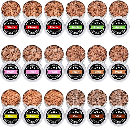 18Pcs Wood Chips for Smoker, Natural Cocktail Smoker Chips Kit-Apple, Pecan, Cherry, Oak, Pear, Peach for Whiskey Lover, Bourbon, Men, Dad, Husband, Home Bar, Drinks, Smoker Accessory
