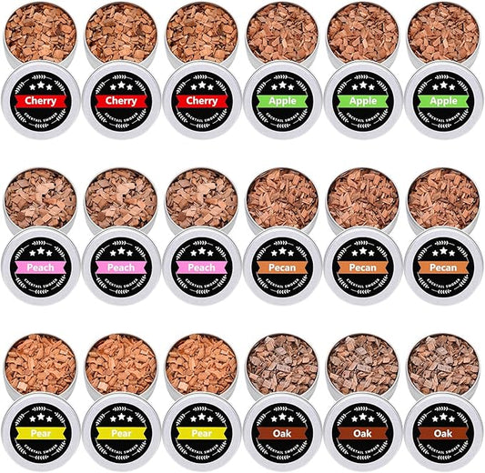 18Pcs Wood Chips for Smoker, Natural Cocktail Smoker Chips Kit-Apple, Pecan, Cherry, Oak, Pear, Peach for Whiskey Lover, Bourbon, Men, Dad, Husband, Home Bar, Drinks, Smoker Accessory