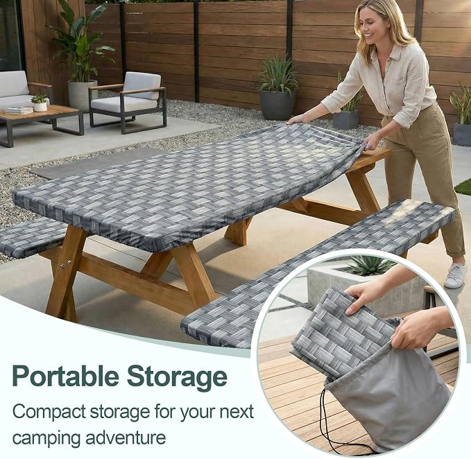 Picnic Table Cover with Bench Covers Camping Essentials Waterproof Windproof Camping Tablecloth with Drawstring Bag, Fitted Rectangle Tables and Seats, 72in, Dark Gray