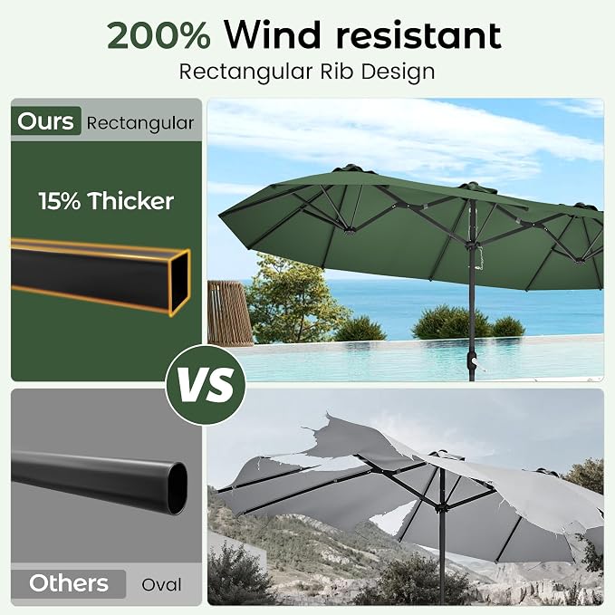 DomeShade 15ft Large Patio Umbrella with Base Included, Outdoor Double-Sided Rectangular Market Umbrella with Crank Handle,Heavy Duty Extra Large Outside Umbrella for Backyard,Pool,Deck,Lawn,Green