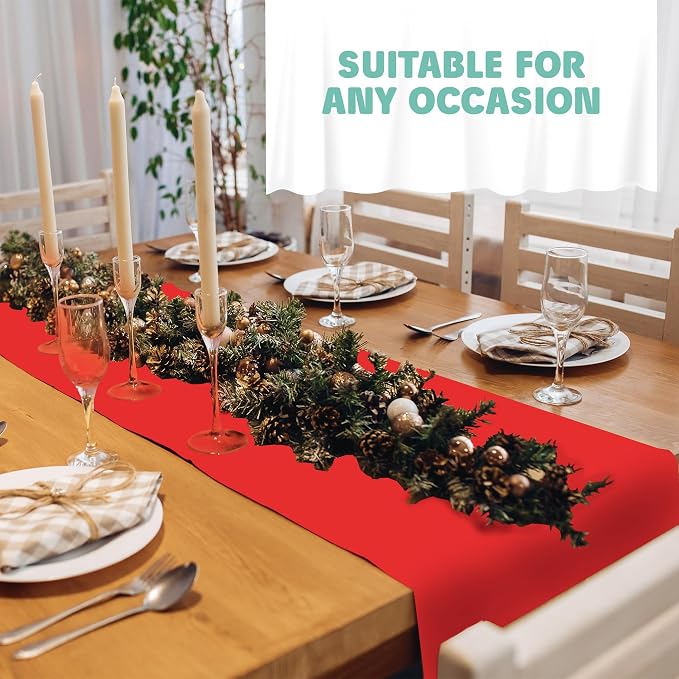 Red Table Runner – 14" X 110' Premium Plastic Longtable Runners with Cutter Box - Cut to Size - Decorative Rectangle Table Runners - Smooth Table Cloth - Disposable Table Cloths for Parties, Weddings.