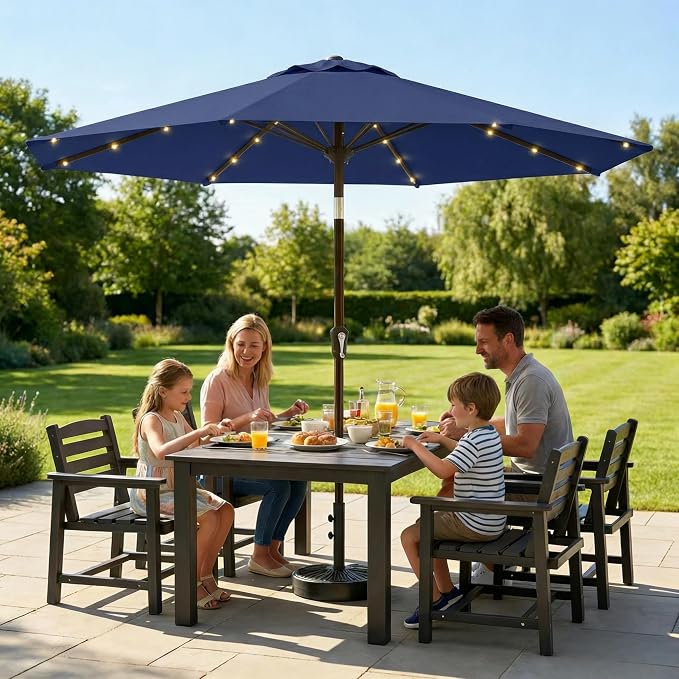 10FT Solar Lighted Patio Umbrella, Outdoor Table Market Umbrellas with Push Button Tilt and Crank, 32 LED Lights, 8 Sturdy Ribs, UV-Resistant for Deck, Garden, Pool