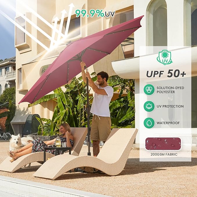 JEAREY 9FT Outdoor Patio Umbrella with Solar Lights, LED Lighted Pool Umbrella with Tilt and Crank, Outdoor Table Umbrellas for Deck, Yard & Market (Burgandy)