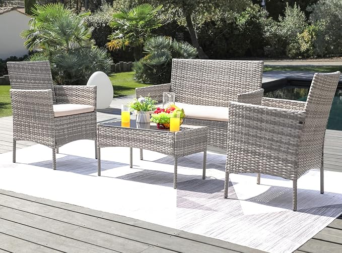 Greesum Patio Furniture 4 Pieces Conversation Sets Outdoor Wickerr Rattan Chairs Garden Backyard Balcony Porch Poolside loveseat with Soft Cushion and Glass Table, Gray and Beige