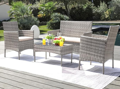 Greesum Patio Furniture 4 Pieces Conversation Sets Outdoor Wickerr Rattan Chairs Garden Backyard Balcony Porch Poolside loveseat with Soft Cushion and Glass Table, Gray and Beige