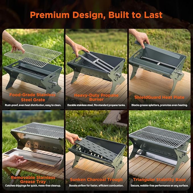 QuliMetal Portable Camping Grill, Foldable 3-in-1 Charcoal Wood Gas Grill with Carry Bag, Heavy-Duty Stainless Steel BBQ Fire Pit for Outdoor Cooking Backpacking Tailgating Patio Backyard