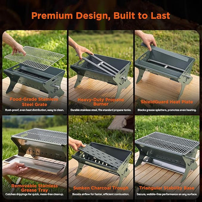 QuliMetal Portable Camping Grill, Foldable 3-in-1 Charcoal Wood Gas Grill with Carry Bag, Heavy-Duty Stainless Steel BBQ Fire Pit for Outdoor Cooking Backpacking Tailgating Patio Backyard